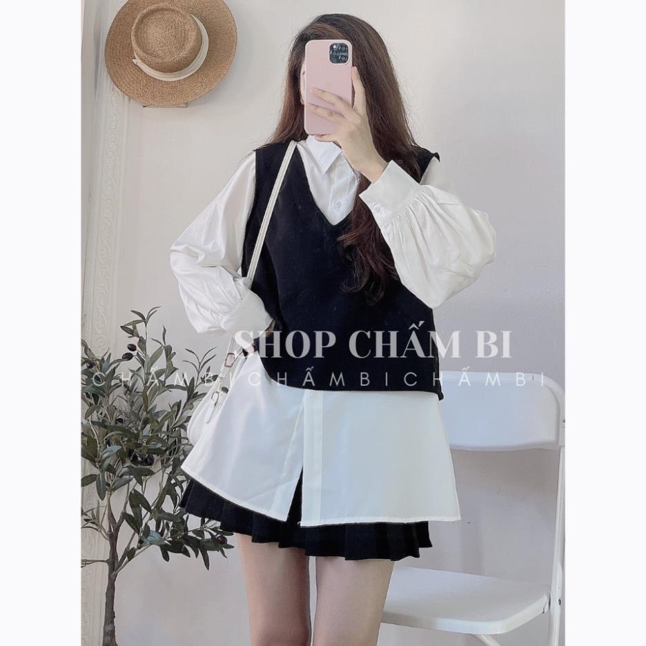 Set đồ nữ sang chảnh A.248, Áo sơ mi trắng nữ và áo gile đen cổ V thắt dây nơ lưng (mặc được hai kiểu)
