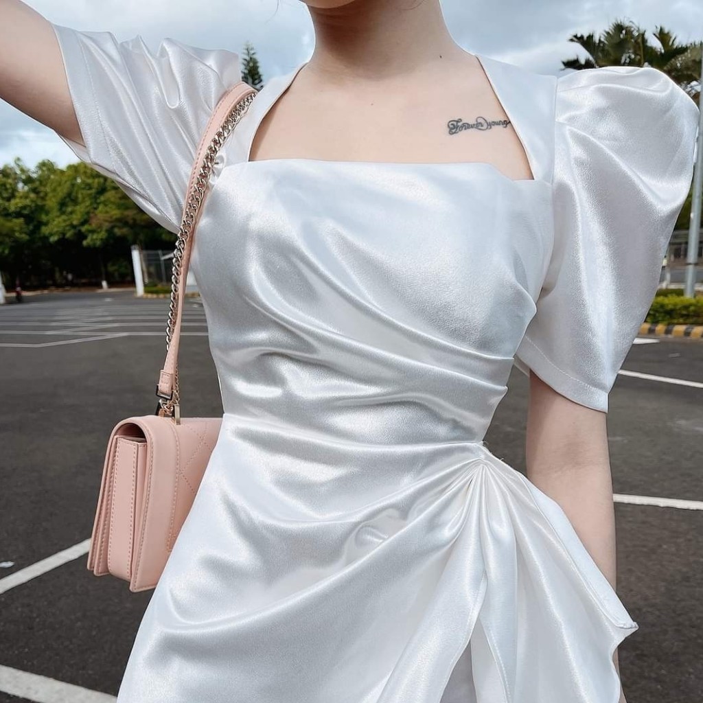 Váy lụa cổ vuông Thiết Kế sang trọng, váy ôm xoắn eo phong cách trẻ trung xinh xắn | BigBuy360 - bigbuy360.vn