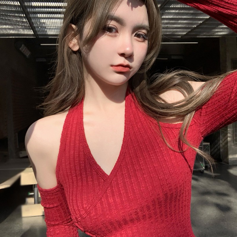 Áo Croptop Dệt Kim Tay Dài Hở Vai Màu Sắc Trơn Quyến Rũ Dành Cho Nữ