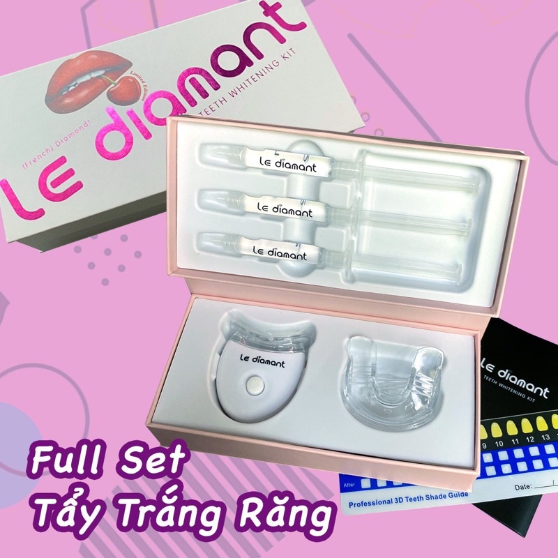 Bộ Tẩy Trắng Răng đèn led LE DIAMANT CANADA, bộ đầy đủ liệu trình gồm 3 ống gel tẩy trắng.