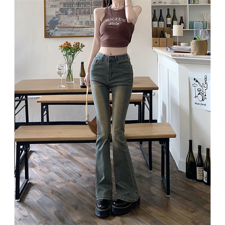 「MOTEL7」Hot Quần Jeans Ống Loe Micro Ôm Dáng Ống Loe Lưng Cao Co Giãn Phong Cách Retro Cho Nữ
