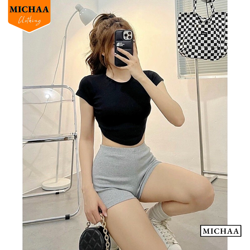 Áo Croptop CỔ TRÒN VẠT NHỌN Ngắn Tay Nữ Phong Cách Thể Thao Basic Chất Thun Gân - MICHAA CR41