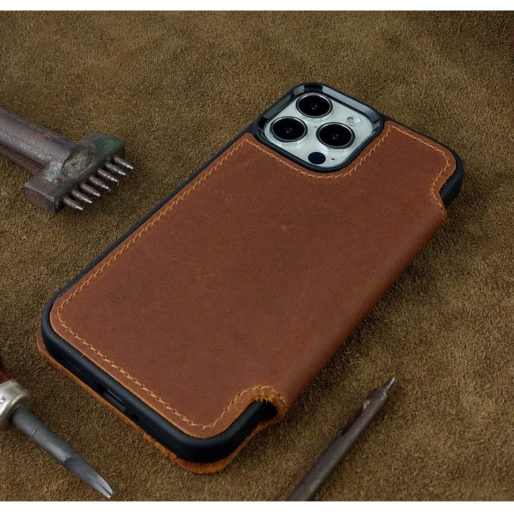 Bao Da Iphone 13 pro max / 14 pro max Luxury Handmade Da Bò Thật may thủ công