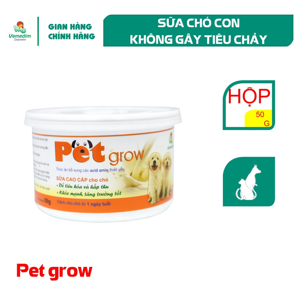 Vemedim Pet Grow sữa cho chó con không tiêu chảy, chứa acid amin dễ tiêu hóa và hấp thu, lon 50g