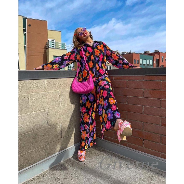 Set 2 Món Áo Sơ Mi Tay Dài In Họa Tiết Hoa/Sân Cây Phối Quần Dài Dáng Rộng Thời Trang Cho Bạn Gái