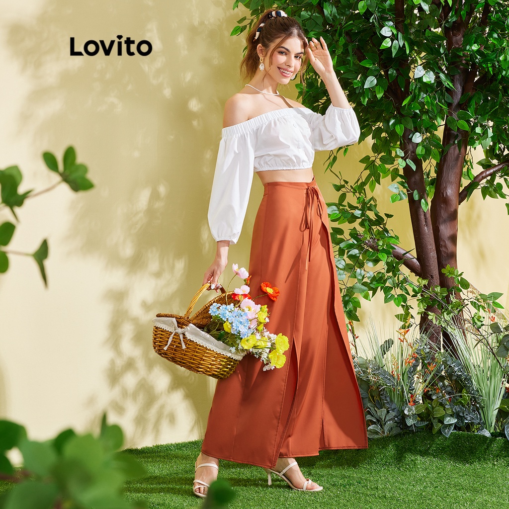 Quần dài (Lovito Exclusive) FREE NATURE Mặt trước bằng ren lên chia Boho L28EE051 (Màu be)