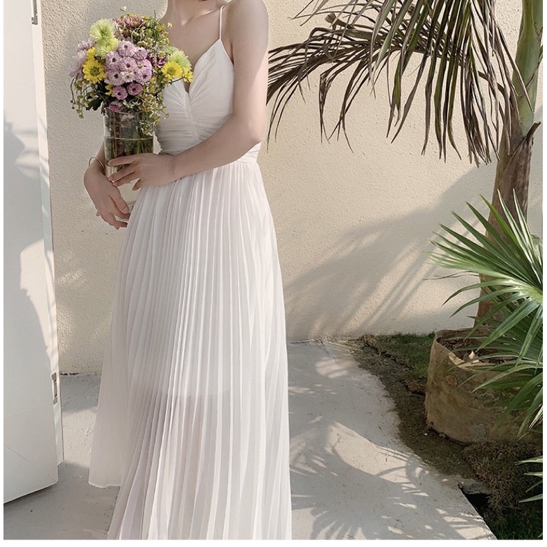 Yona’s Đầm đi biển hai dây xếp li trắng thắt dây eo tôn dáng  mã D17W