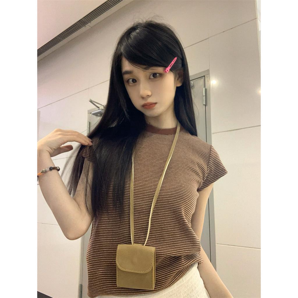 Xiaozhainv Áo Thun Tay Ngắn Cổ Tròn Họa Tiết Kẻ Sọc Đơn Giản Thời Trang Hàn Quốc Cho Nữ