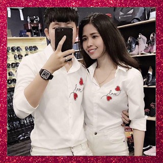 ÁO SƠ MI NAM NỮ CẶP ĐÔI TÌNH YÊU TRẮNG ĐEN TAY DÀI THÊU LOGO THÊU TIM VẢI KAE LỤA CHỐNG NHĂN MỀM MỊN
