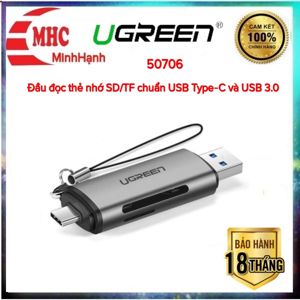 Đầu đọc thẻ nhớ SD/TF chuẩn Type-C và USB 3.0 UGREEN 50706