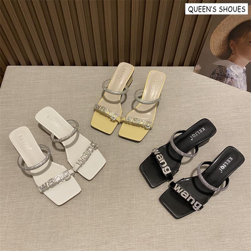 Giày Sandal Gót Dày Quai Đính Đá Chữ Thời Trang Nữ Sành Điệu