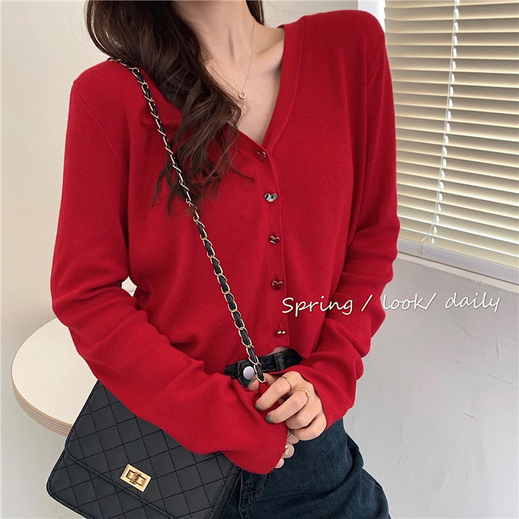 Áo Dệt Kim Nữ Tay Dài Cổ Chữ V Phong Cách Hàn Quốc