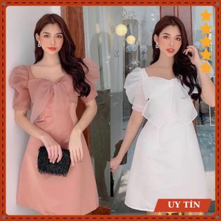 Đầm dự tiệc xoè tay phồng voan kiếng nơ 2 màu Eva_home_fashion