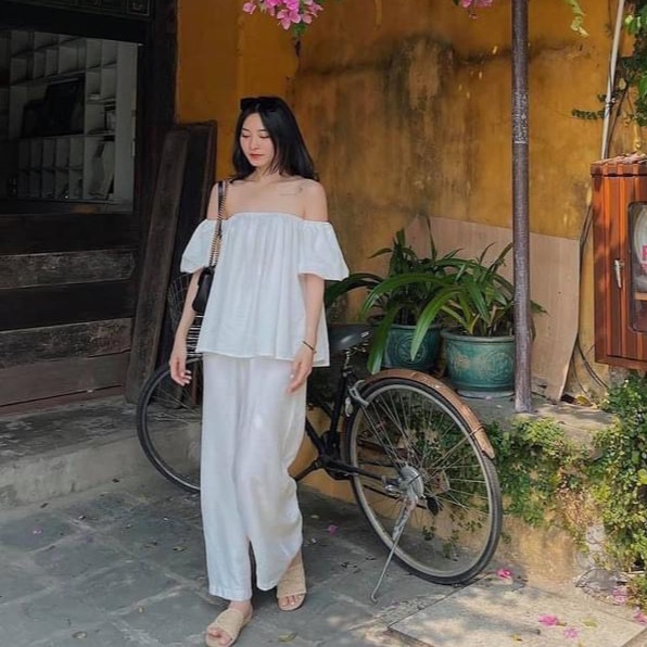 Set Trễ Vai Đi Biển Mix Quần Suông Ống Rộng