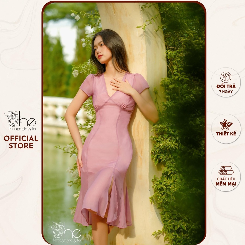 Váy dự tiệc đuôi cá xẻ tà She, Đầm váy cổ V sexy siêu xinh thời trang nữ SDX120