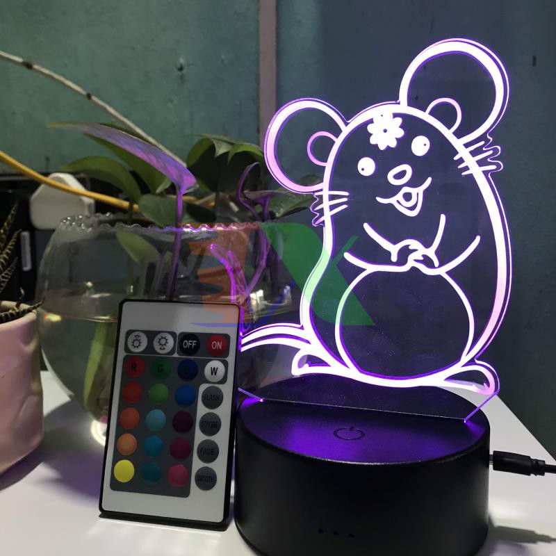 Đèn ngủ, Đèn trang trí Led 3D, Đèn ngủ 16 màu mini có điều khiển hình Con Chuột