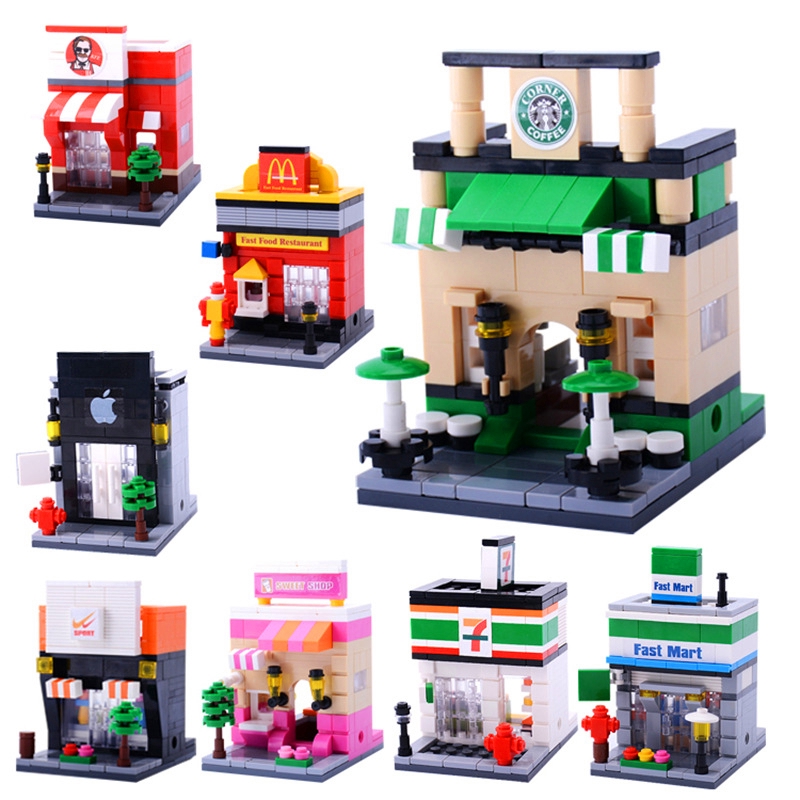 Hsanhe Mini City Chế độ xem phố Đồ ăn Kẹo Pizza Cửa hàng kem Hình khối Xây dựng Lego Món quà tương thích cho trẻ em