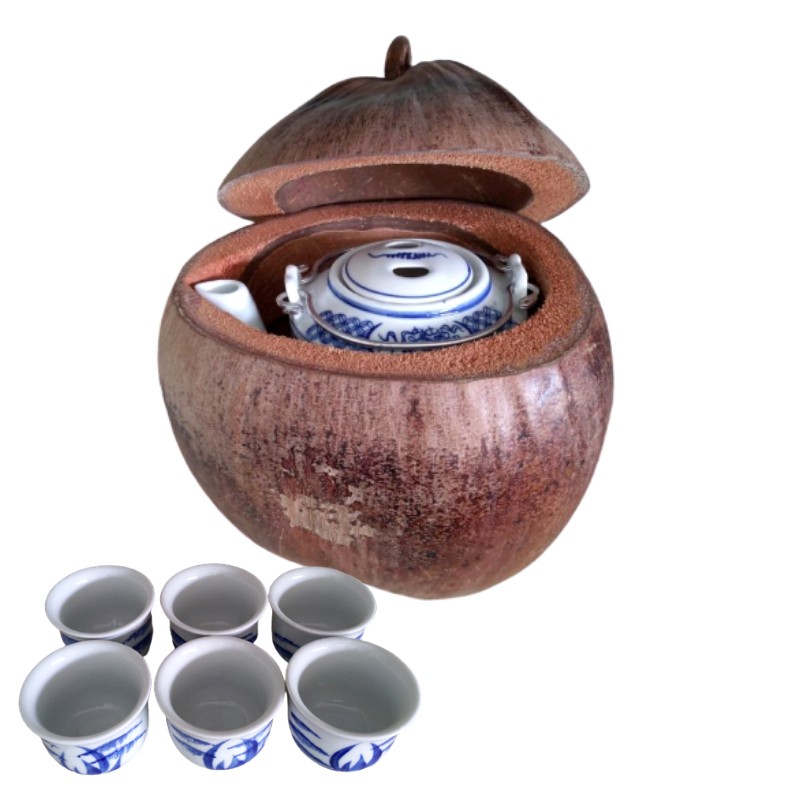 Trọn Bộ Vỏ Bình Giữ Ấm Bình Trà Trái Dừa Không Sơn Bóng Màu Nguyên Thủy Trái Dừa - Bình Trà 850 - 1000ml