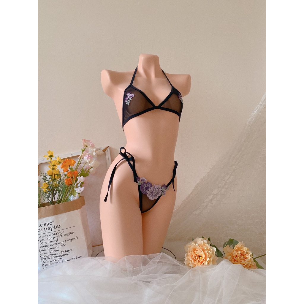 Bk058 -Bộ đồ lót ren hoa set lọt khe gồm quần lót và áo lót nữ -KELLYWANG
