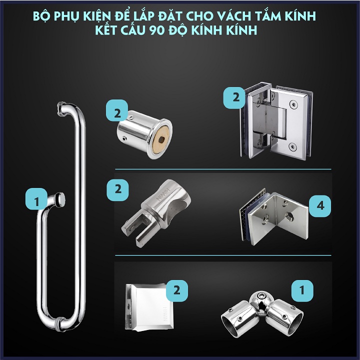 Bộ phụ kiện vách tắm kính kết cấu 90 độ kính - kính inox 304 mặt gương HIWIN