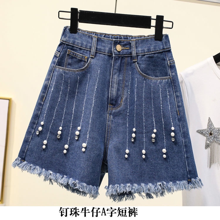 Quần short denim ống rộng lưng thun co giãn đính hạt cườm size lớn mẫu mới năm 2021 dành cho nữ