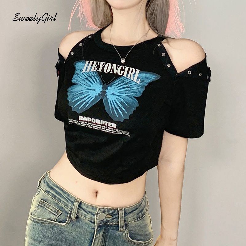 Áo Thun Tay Ngắn Cổ Tròn In Chữ Và Bướm Thời Trang 2022 Dành Cho Nữ