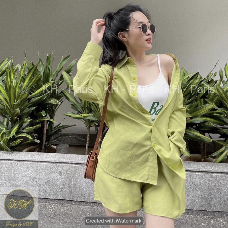 Set 3 món Áo sơ mi dài tay dáng rộng kèm áo 2 dây mix quần sooc đùi chất đũi xước