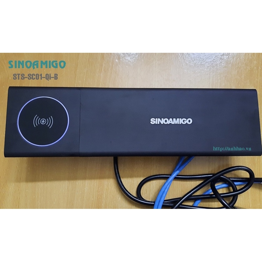 Hộp điện âm bàn nắp trượt cao cấp Sinoamigo STS-SC01-Qi, tích hợp sạc không dây cho điện thoại, máy tính bảng