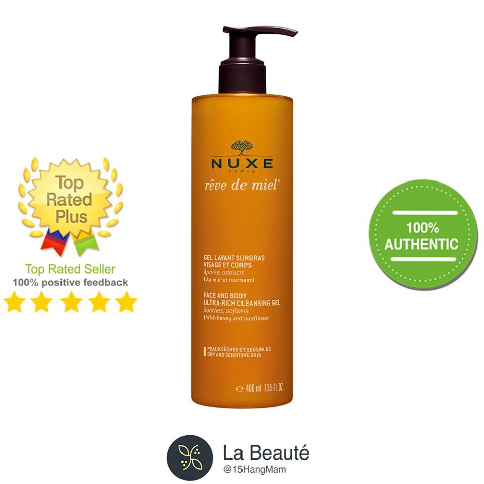 Nuxe Reve De Miel Rich Cleansing Gel - Gel Rửa Mặt &amp; Body Tinh Chất Mật Ong 400ml