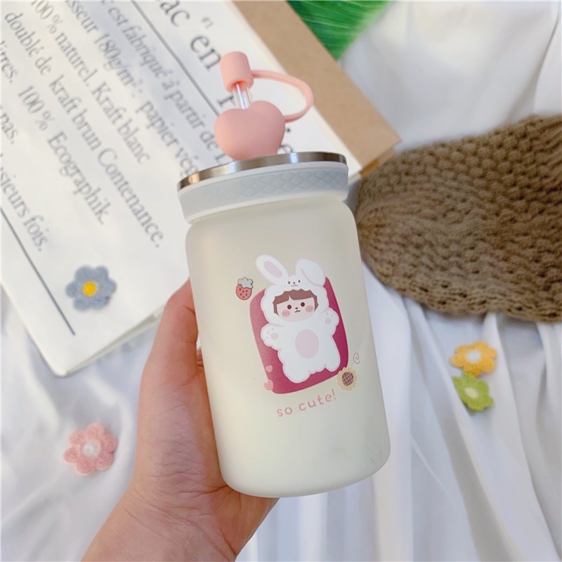 Cốc/Bình Thủy Tinh Đựng Nước Dày Kèm Ống Hút Họa Tiết Hoạt Hình Siêu Dễ Thương