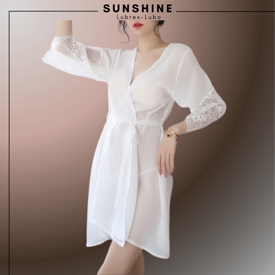 Áo choàng kimono Voan lụa phối ren cao cấp SUNSHINE LUBREX-LUBO Màu Trắng TINH KHÔI