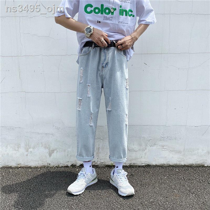 Summer Sang trọng Quần jean rách phong cách Hàn Quốc của nam giới thương hiệu thời trang hợp ống rộng cắt xén trong