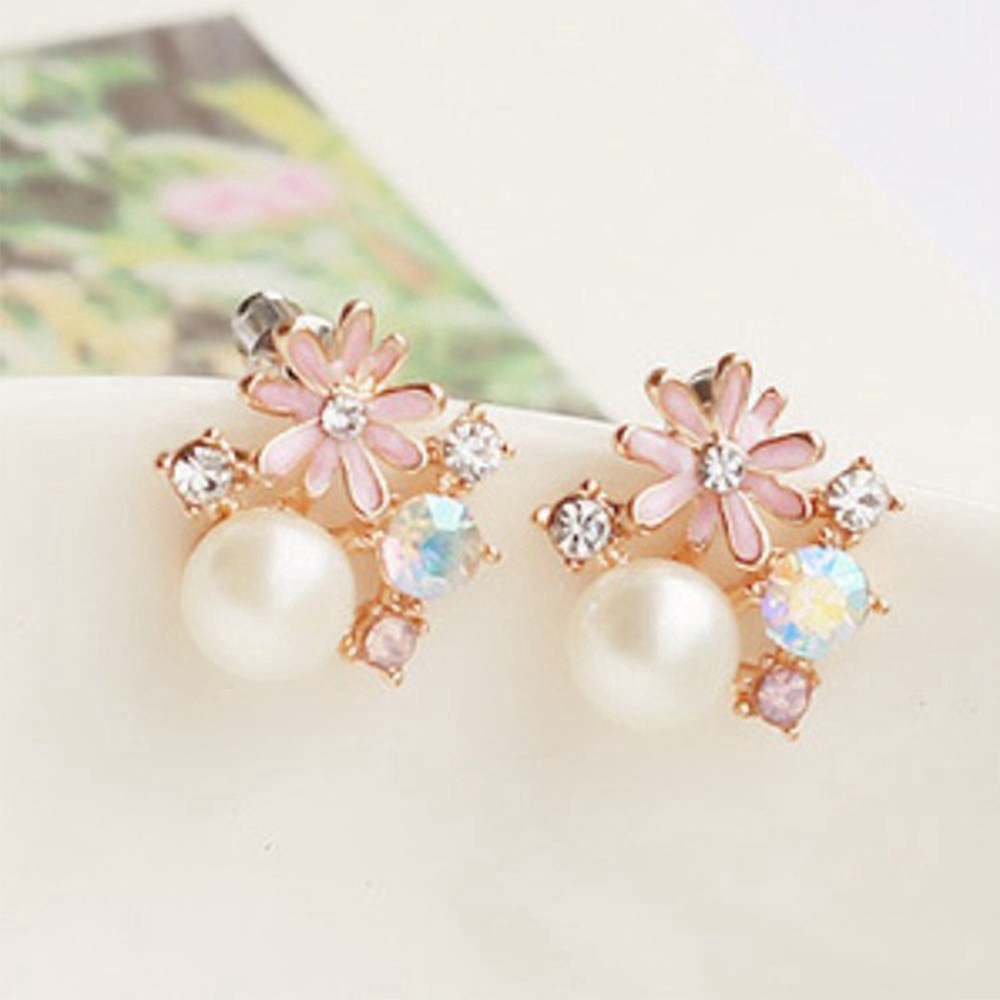 Khuyên kẹp vành tai hình hoa đính ngọc trai giả không xỏ lỗ phong cách Hàn Quốc