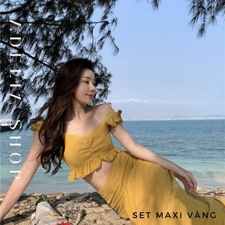 𝑬𝒓𝒏𝒆𝒔𝒕𝒂 | set váy maxi đi biển màu vàng gồm áo croptop cổ vuông và chân váy dáng dài ulzzang