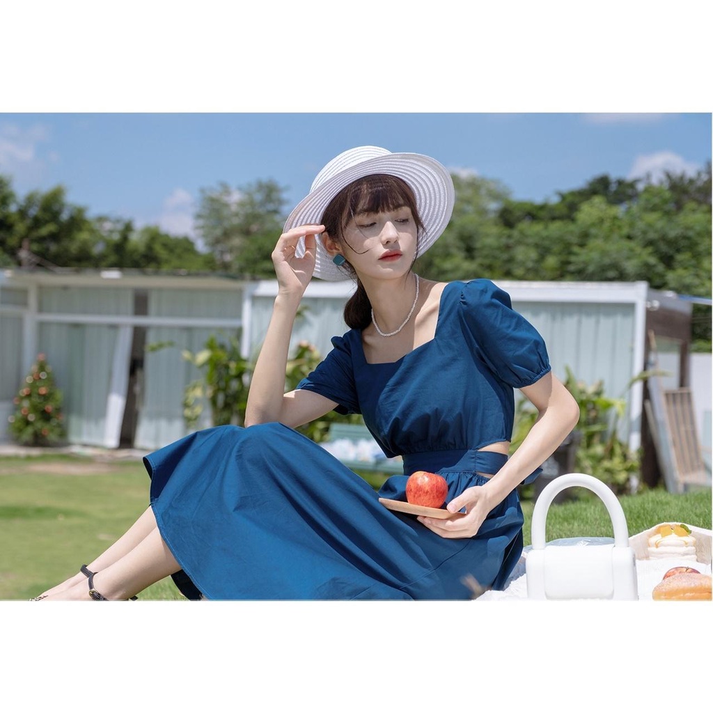 Đầm Cổ Vuông Tay Phồng Phối Nơ Phong Cách Hàn Quốc Thời Trang