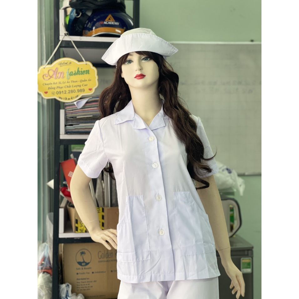 Combo 5 Áo Blouse Trắng Nữ Điều Dưỡng Ngắn Tay - Áo Bác Sĩ, Dược Sĩ Tặng 10 Set Khẩu Trang KF94