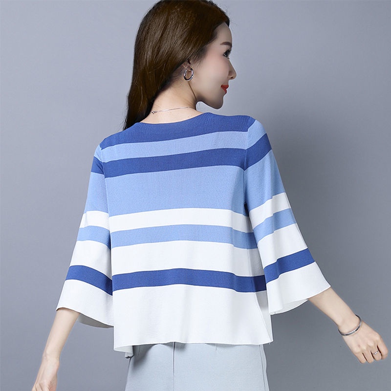 Áo Thun Lụa Dệt Kim Cổ Tròn Dáng Rộng Họa Tiết Kẻ Sọc Thời Trang Mùa Hè Cho Nữ