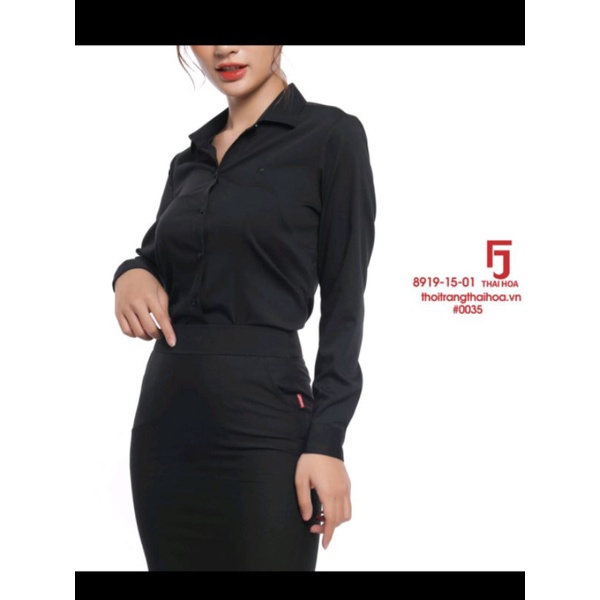 áo sơ mi nữ Thái Hòa màu đen trơn mã vải sợi tre co giãn