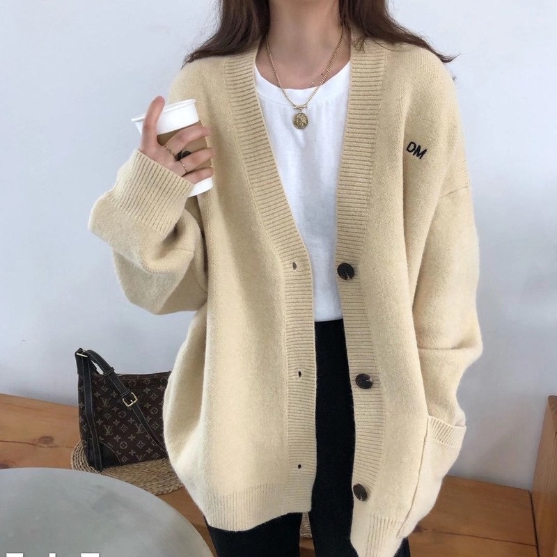 Áo khoác cardigan dệt kim dáng rộng thiết kế thời trang mùa đông theo phong cách Hàn Quốc thích hợp cho nữ