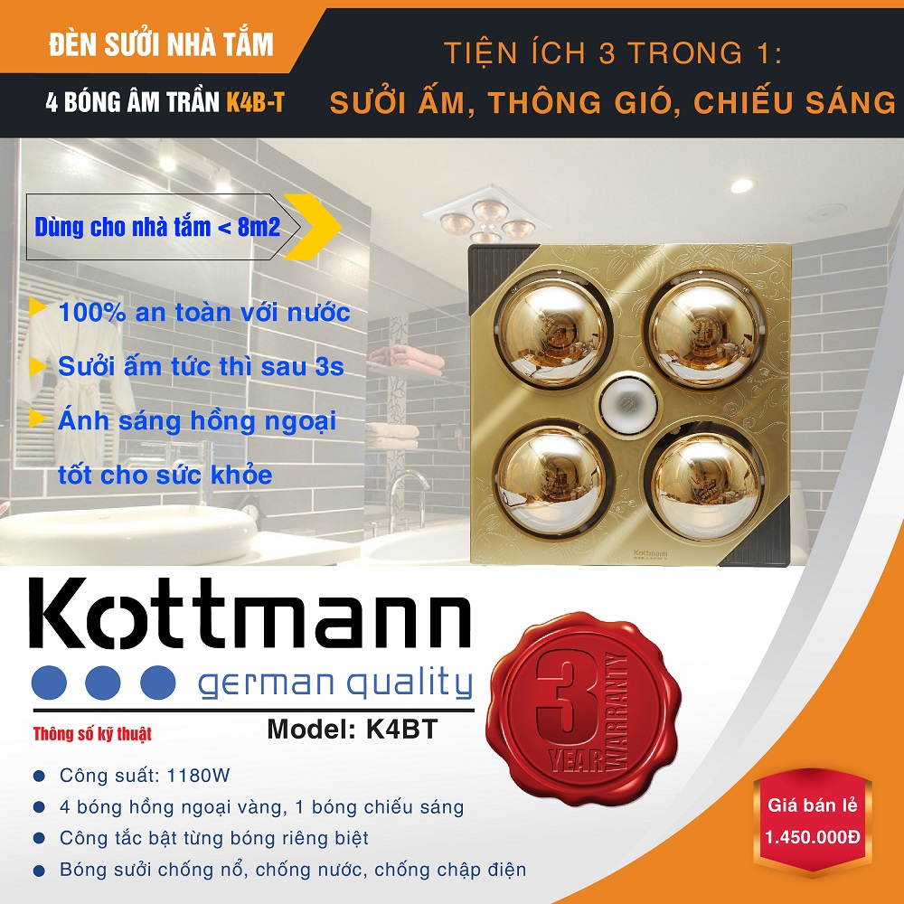 Đèn sưởi 4 bóng âm trần Kottmann K4BT - tiện ích sưởi ấm, thông gió, chiếu sáng