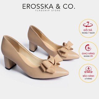Giày cao gót Erosska mũi nhọn đính nơ điệu đà cao 5cm màu kem _ EP005