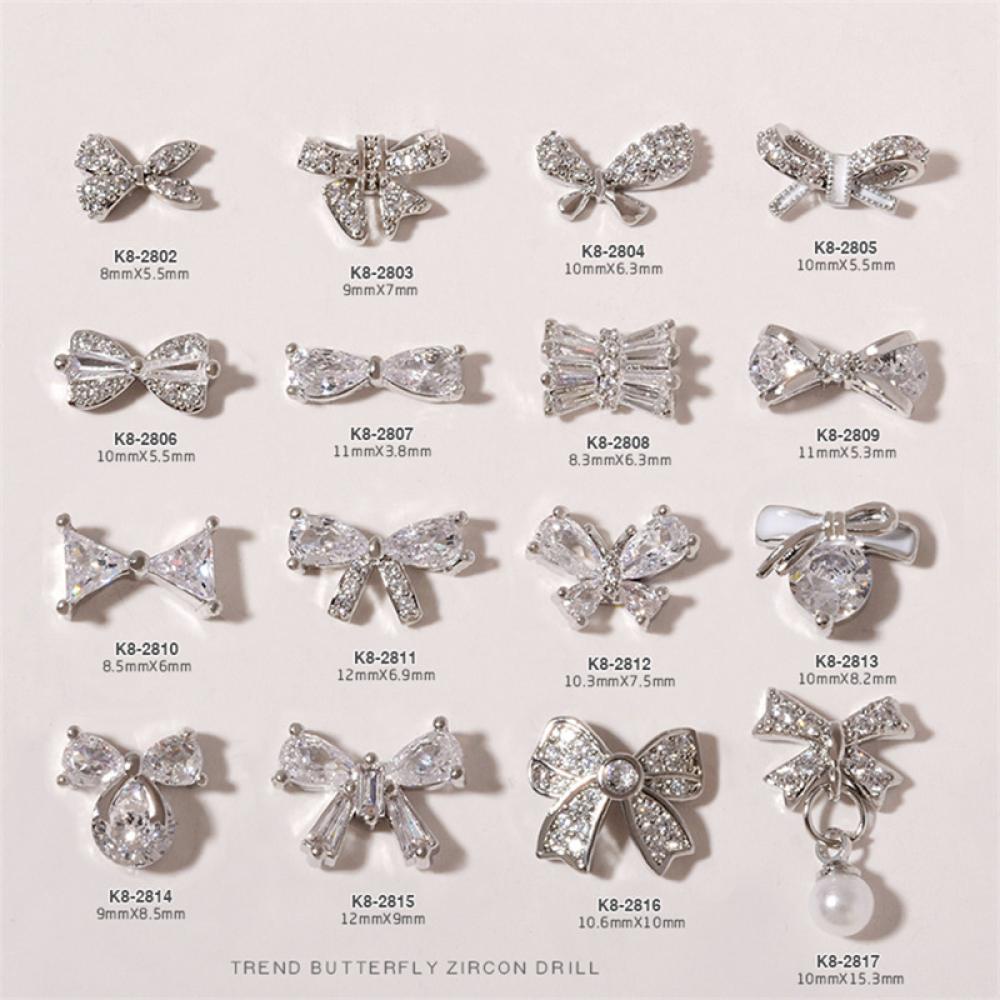 Phụ Kiện Trang Trí Móng Nghệ Thuật Hình Nơ Đính Đá Zircon Màu Bạc Lấp Lánh Thời Trang J4Y3