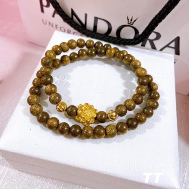 Vòng Tay Gỗ Trầm Hương 6mm - 8mm Mix Bạc Ta Phủ Vàng 24K Hoa Sen (quấn tay 2 vòng) | BigBuy360 - bigbuy360.vn