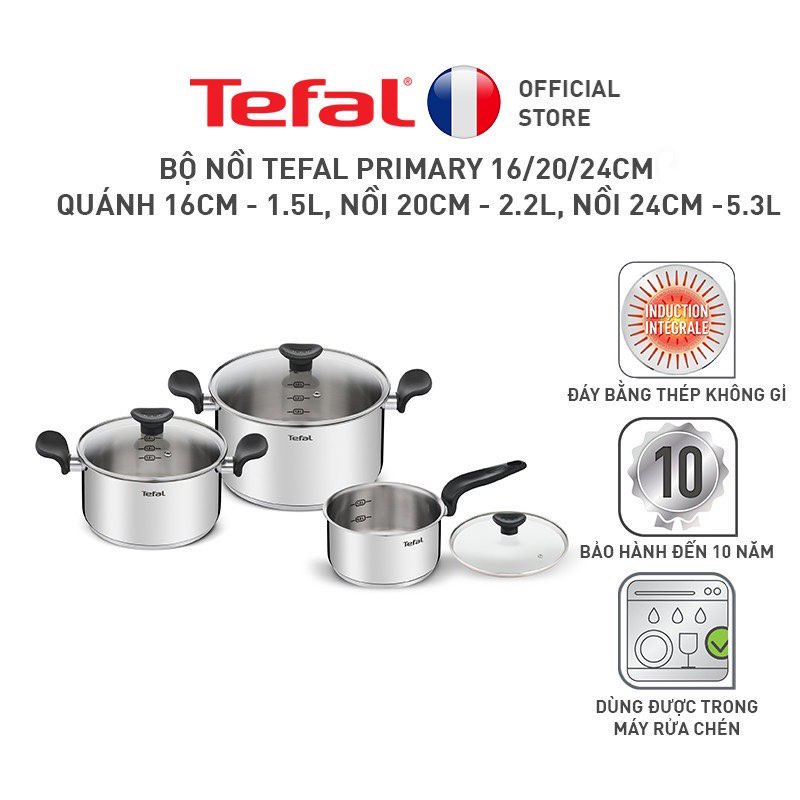 Bộ nồi Tefal Primary 16/20/24cm (quánh 16cm - 1.5L, nồi 20cm - nồi 24cm )