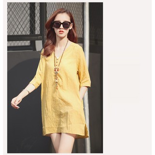 Đầm suông tay lỡ cổ V dáng chữ A SLINEN, chất vải đũi tơ mềm mát, form váy suông không kén dáng.