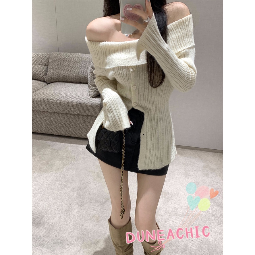 DUNEA Áo Sweater Dệt Kim Tay Dài Trễ Vai Xẻ Tà Quyến Rũ Cho Nữ