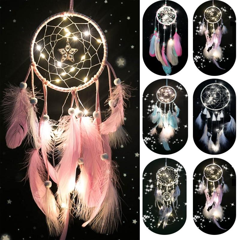 Mizlzle Pink Dream Catcher Feathers Đèn LED thủ công với đèn dây đèn ngủ