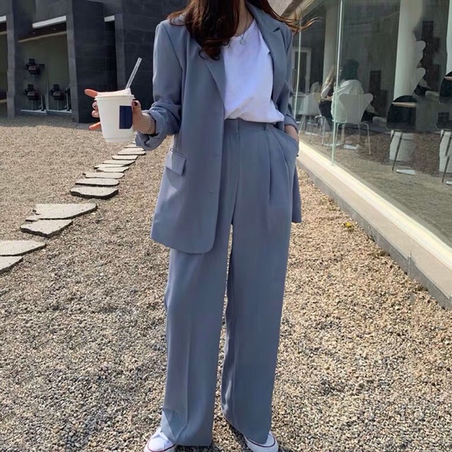 Set áo blazer quần ống rộng công sở Hàn Quốc ( có video shop tự quay), bộ vest Hàn Quốc | BigBuy360 - bigbuy360.vn