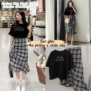 set áo phông đen mix chân váy đuôi cá dây rút