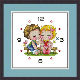 Tranh thêu chữ thập đồng hồ 2 em bé - in trên vải - Xartshop dh066
